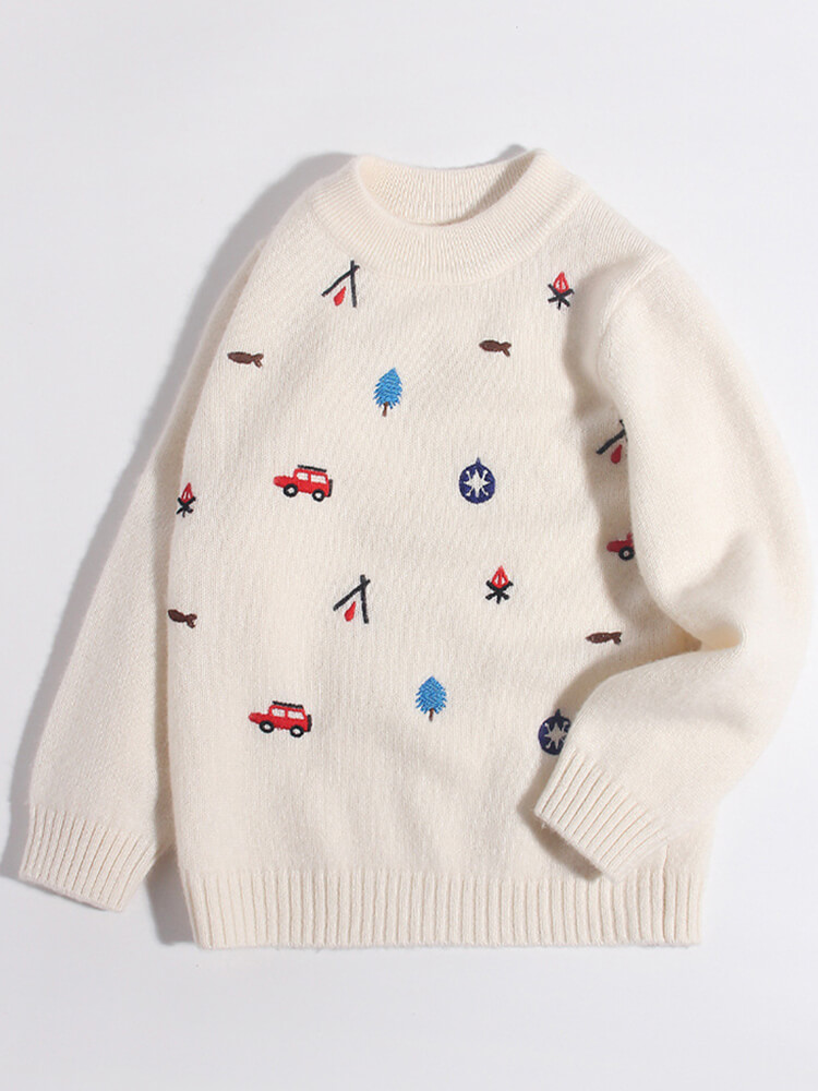 Kids Outdoor Adventure-Themed Ivory White Cashmere Sweater